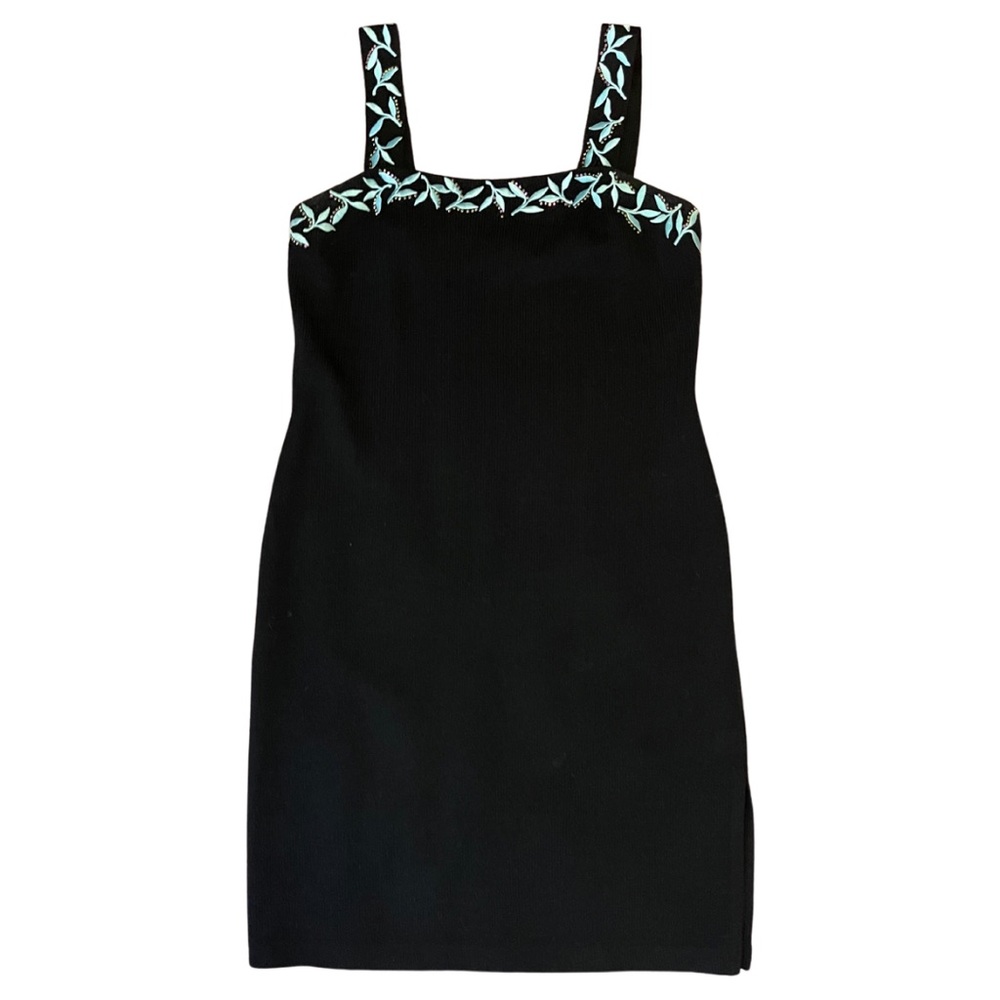St John Black mini dress w/ blue embellished neckline, size 4